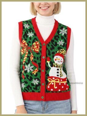 Sleeveless Christmas Sweater Vest Button V-Neck Knit Cardigan